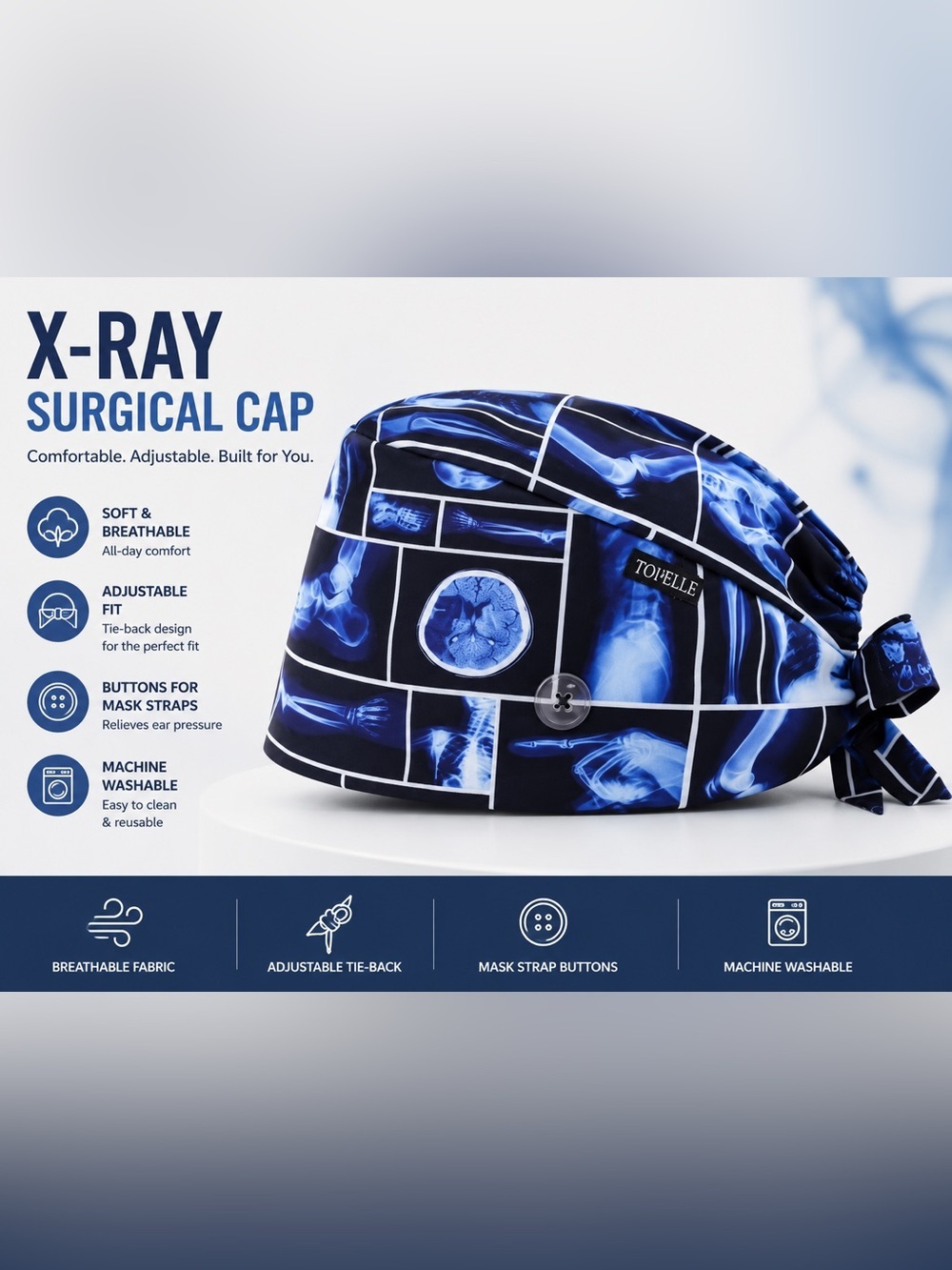 Unisex X-ray Print Scrub Cap - Blue & Black